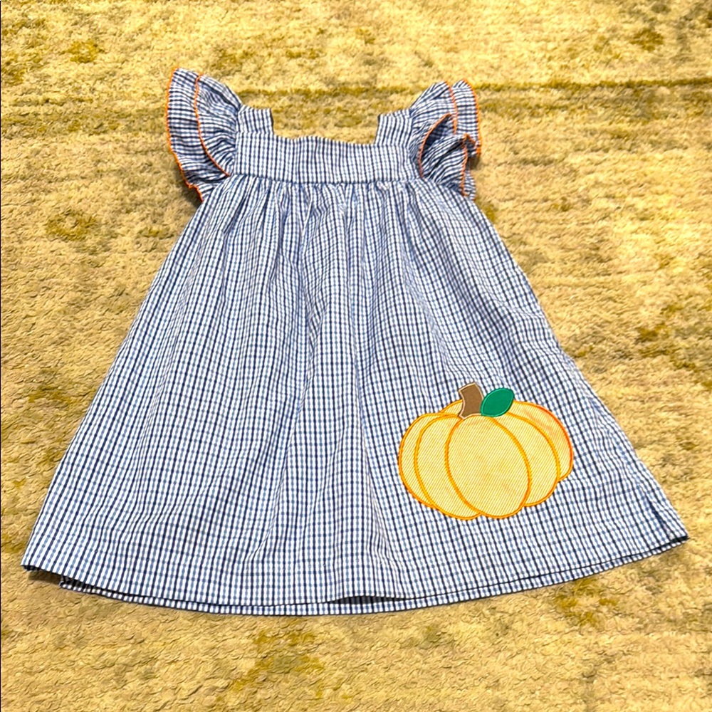 Classic Whimsy Toddler Girl Blue Check Ruffle Pumpkin Dress 2T